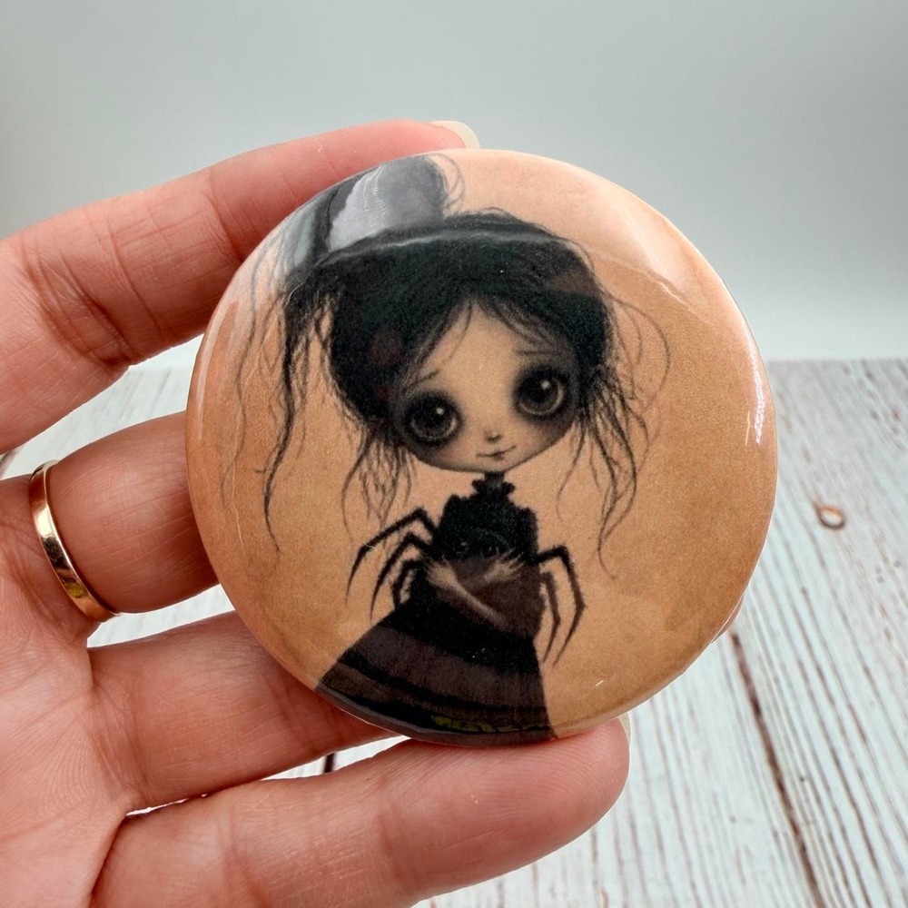 Handmade Girl with Spider Magnet Whimsical Dark Art Tan Brown Round Fridge Decor